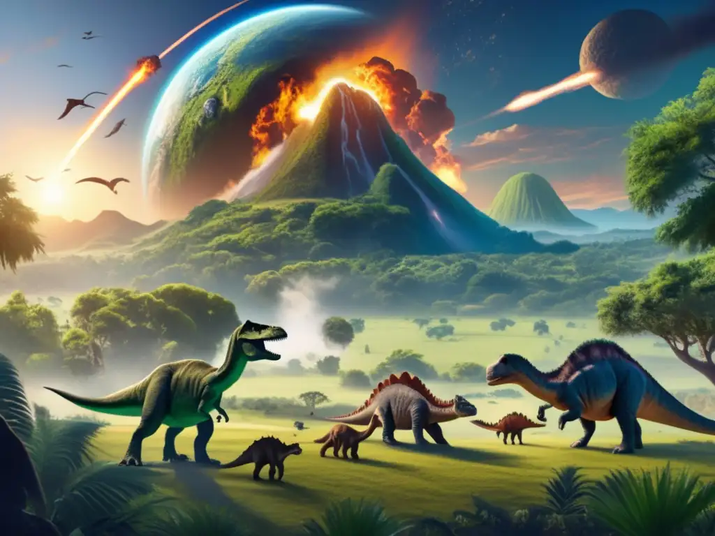 A prehistoric Earth thrives in this painting, lush vegetation covering the land, continents clear, a peaceful herd of dinosaurs grazing in a valley