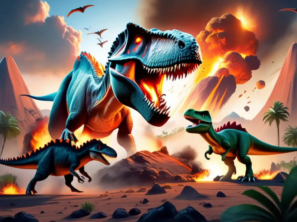 A massive asteroid descends upon a lush prehistoric landscape, igniting sparks and flames as dinosaurs scurry away in fear