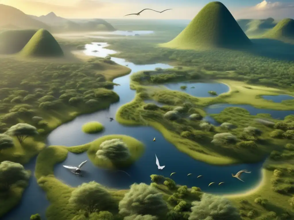 A photorealistic rendering of a prehistoric ecosystem thriving with life, captured from a bird's eye perspective