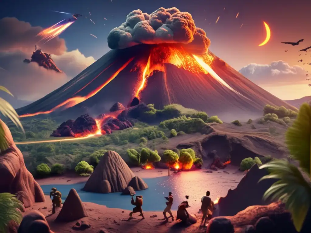 A riveting diorama of a prehistoric Earth, with a meteor falling from the sky and crashing into a dormant volcano, triggering a volcanic eruption