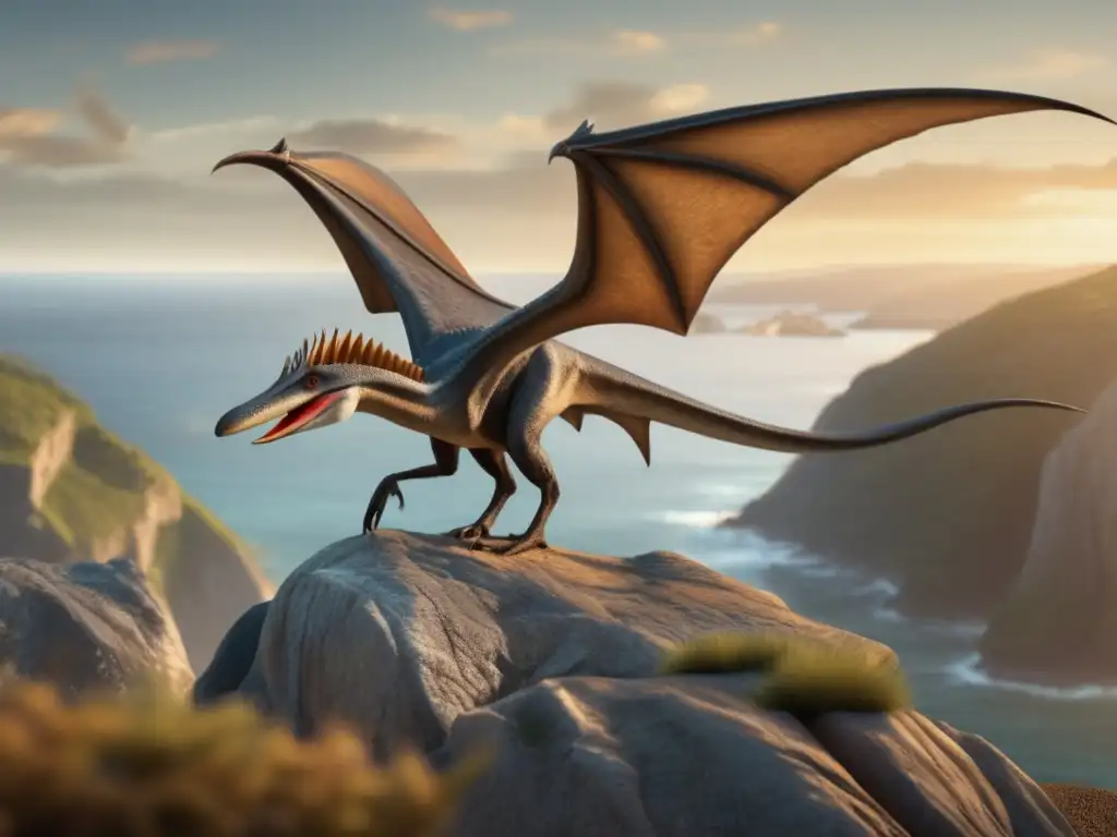 A prehistoric pterosaur soars above an ancient ocean, wings spread out, immortalized in this photorealistic image