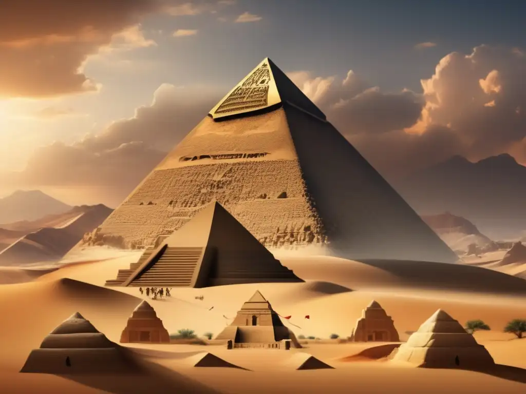 A stunning triangular pyramid adorned with hieroglyphs and symbolic illustrations stands guard against a desert landscape in this photorealistic image