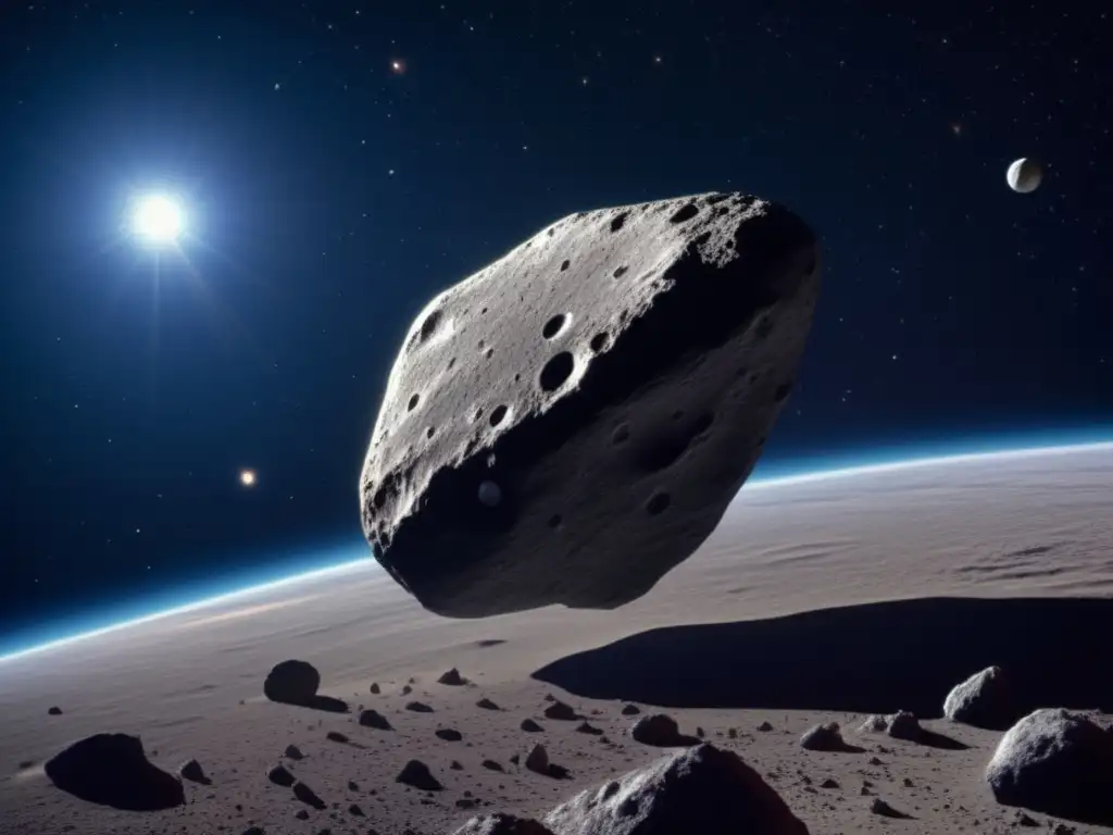 A stunning photorealistic image of the 1998 QE2 asteroid, with its captivating moon and other celestial features, perfectly captures the essence of our universe against the vast expanse of deep space