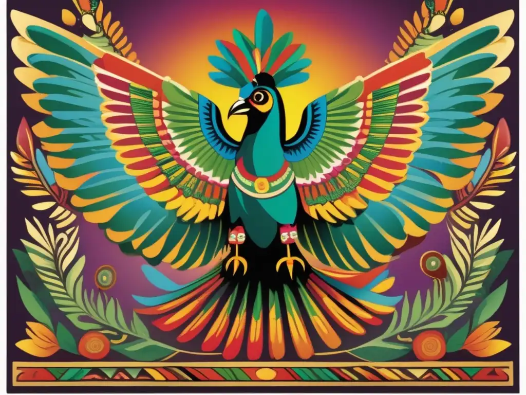 A closeup image of a colorful canvas accurately depicts an Aztec ceremony celebrating the significance of the Quetzal bird