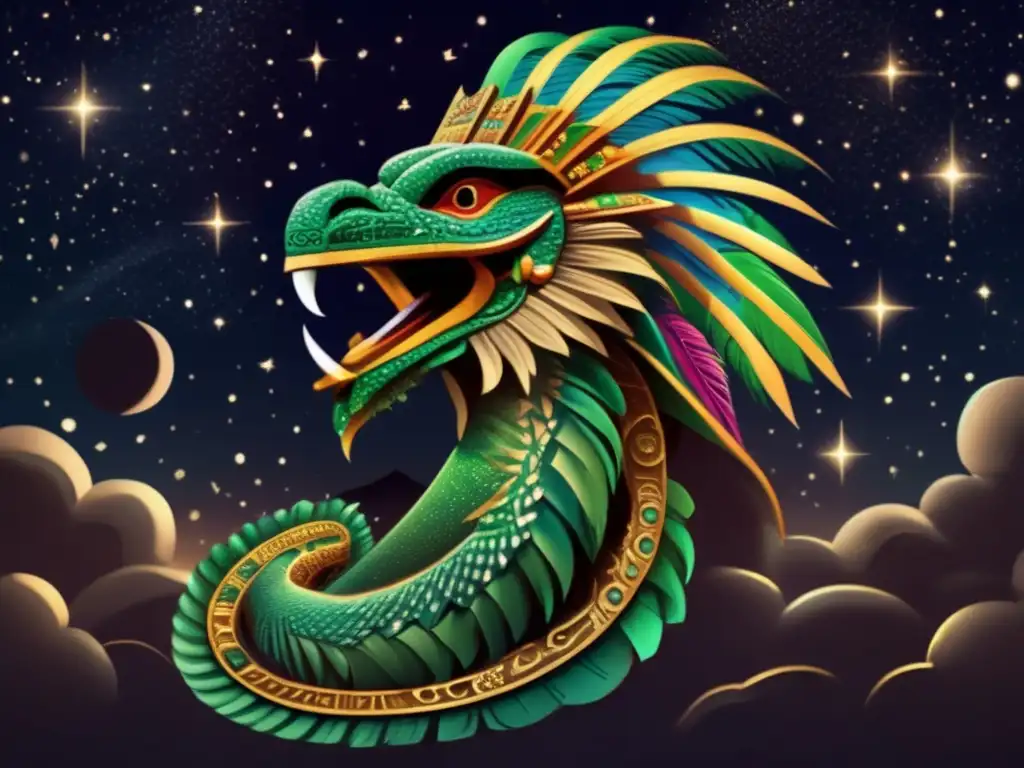 Behold the photorealistic depiction of Quetzalcoatl, a feathered serpent with intricate headdress, in a dark sky amidst space debris