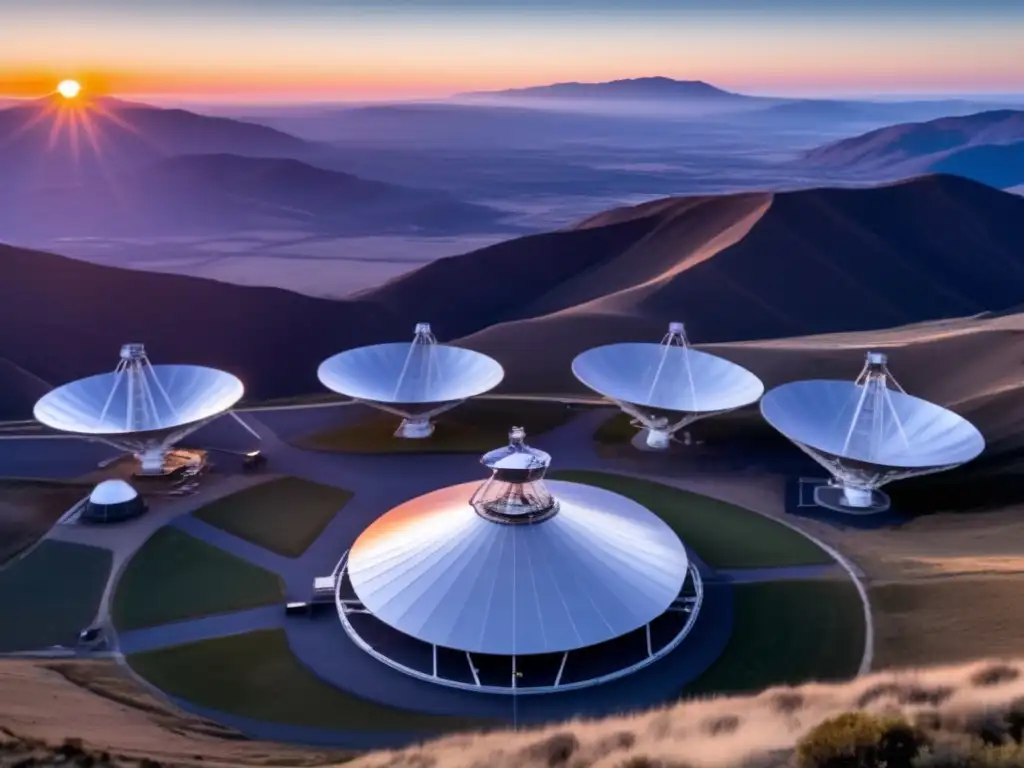 In this breathtaking image, a radio telescope observatory stands tall against the rugged terrain, surrounded by rocky hills and an expansive skyscape