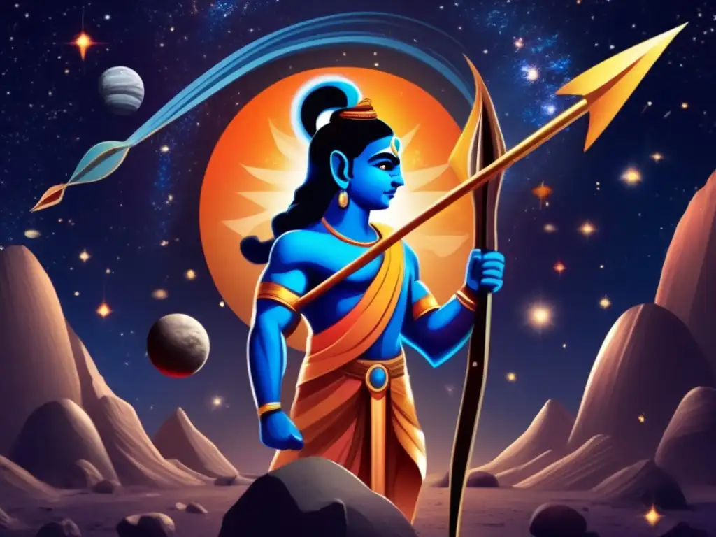 A powerful image of Lord Rama, holding an arrow and standing with courage against the bustling backdrop of an asteroid belt in space