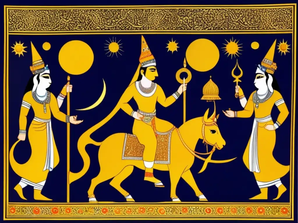 Foreshadowing of ancient Persian mythological figures and celestial bodies, such as Rashidun, Sin, and Spandumar, in dynamic poses with intricate detailing on their clothing and accessories, portrayed in a highly realistic manner, accompanied by captions explaining their significance in Persian mythology