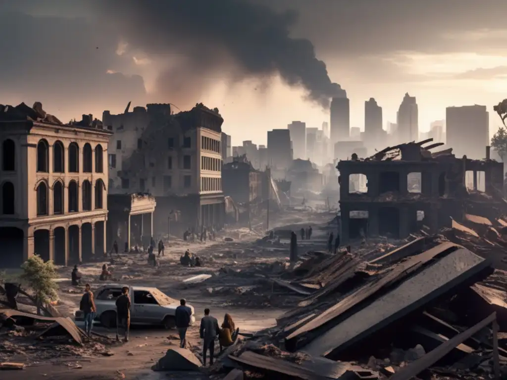 In the heart of despair, a city lies in ruins, leaving a group of mourners sifting through the carnage
