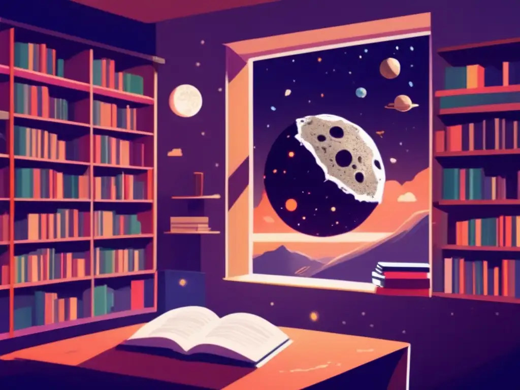 A striking image of a reading room, with a massive asteroid floating in the background, visible through the window