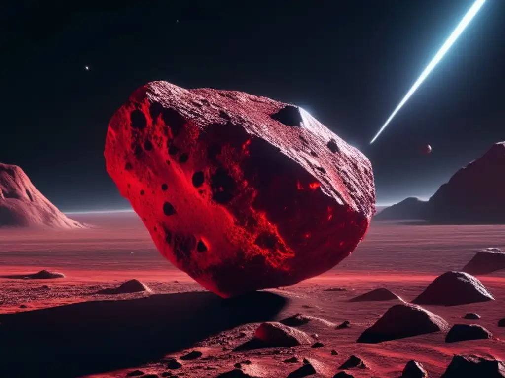 A stunning closeup view of a red asteroid, its surface texture and highlights illuminating the darkness with a bright light