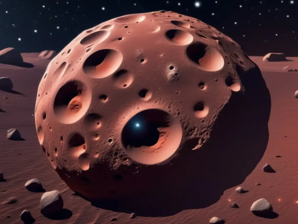 A stunning closeup of a reddish-brown asteroid, brimming with craters, boulders, and grooves, glides across the black expanse of space