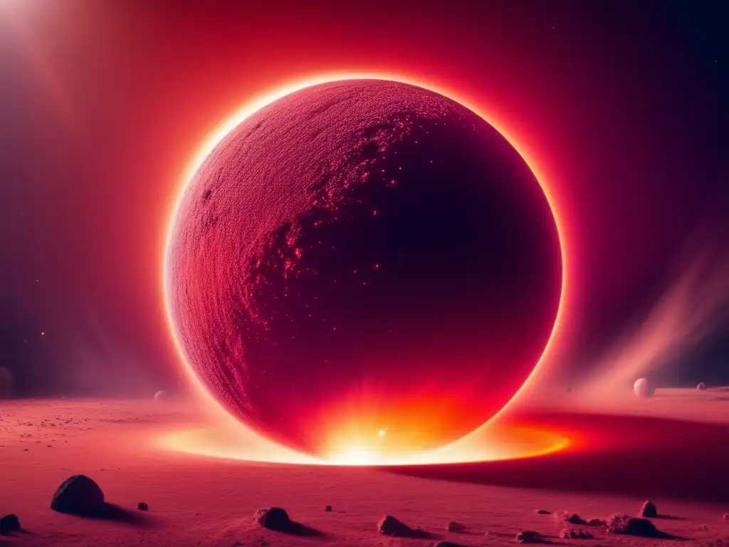 A breathtaking image of a red dust sphere, enveloped in a circle of light that illuminates its surface