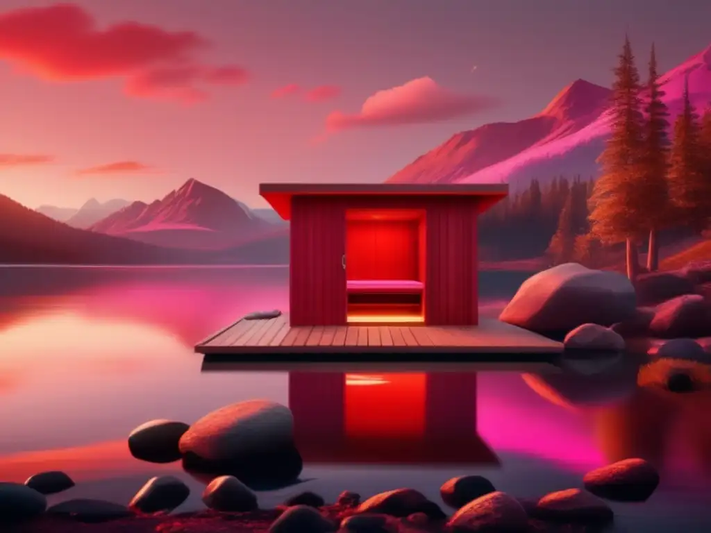 A peaceful retreat: A red sauna amidst trees and mountains, surrounded by a calm lake and bathed in hues of pink and orange sunset