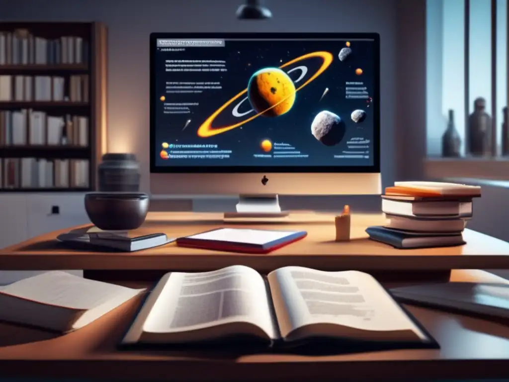 A scientist in the background meticulously studies research papers and starry images on a computer monitor, surrounded by a stack of books on a table