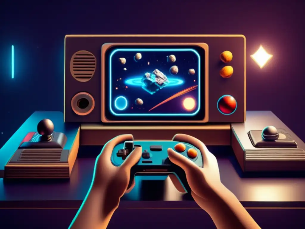 A photorealistic image of a vintage video game console in action, blasting asteroids while interactive pieced together in a dim, livable space