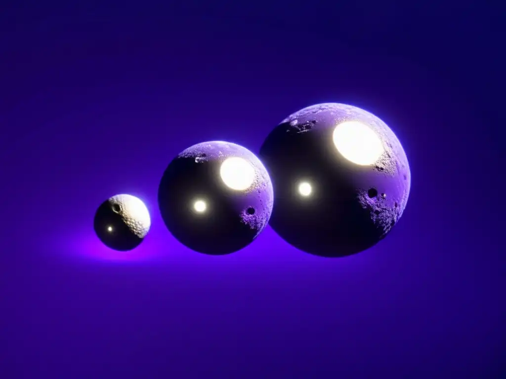 The tranquil scene of the asteroid Hebe is captured in a visually stunning way, with three metallic orbs floating in a Rhombus shape against a backdrop of blackpurple