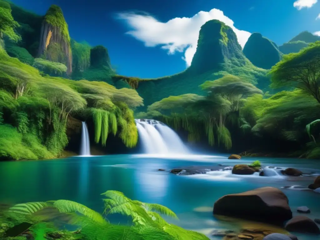 Dash-A mesmerizing image of a flowing river, lush vegetation, and towering tree trunks leading towards a waterfall