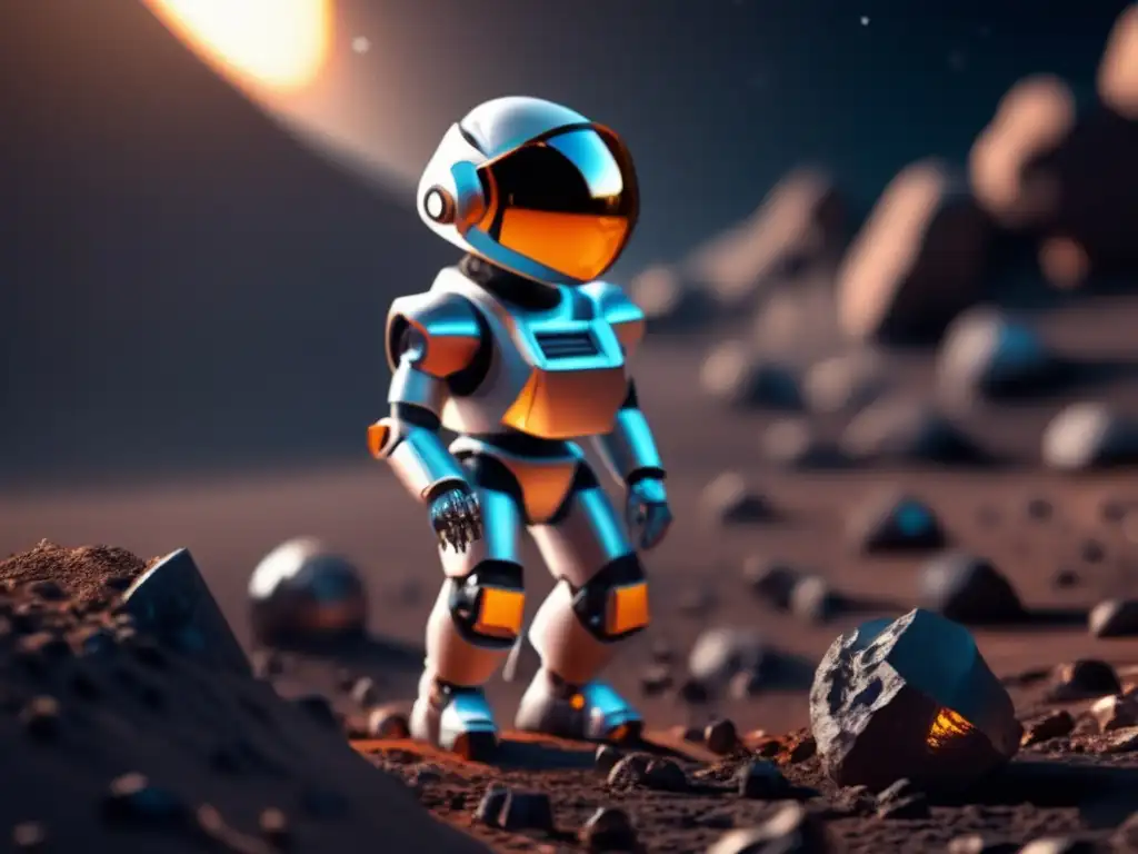 An astronaut-like robot in a biosuit and helmet, exploring an asteroid in a highly detailed and realistic environment