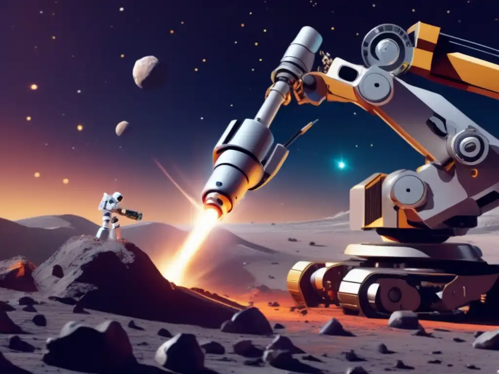 A robot arm tirelessly drills into an asteroid, displaying intricate equipment such as sensors and drills