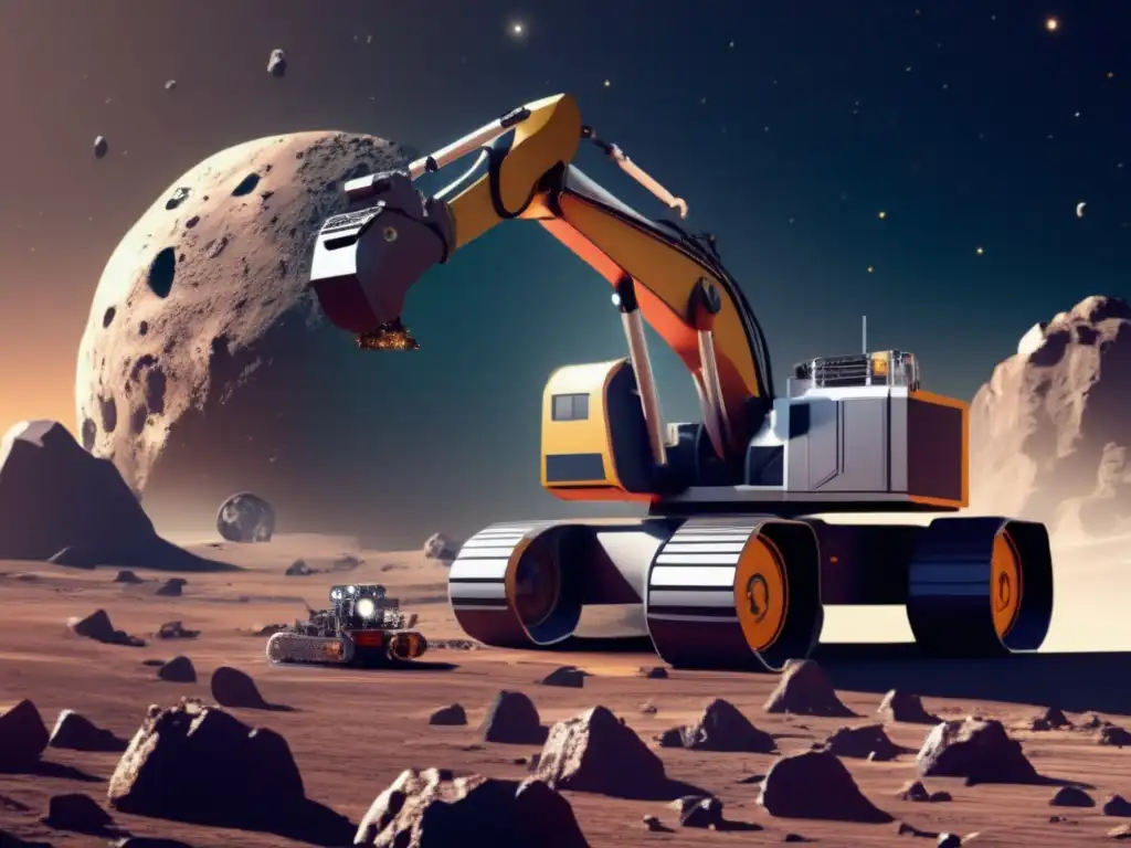 A stunning high-resolution image of a robotic excavatorbot skillfully at work on an asteroid