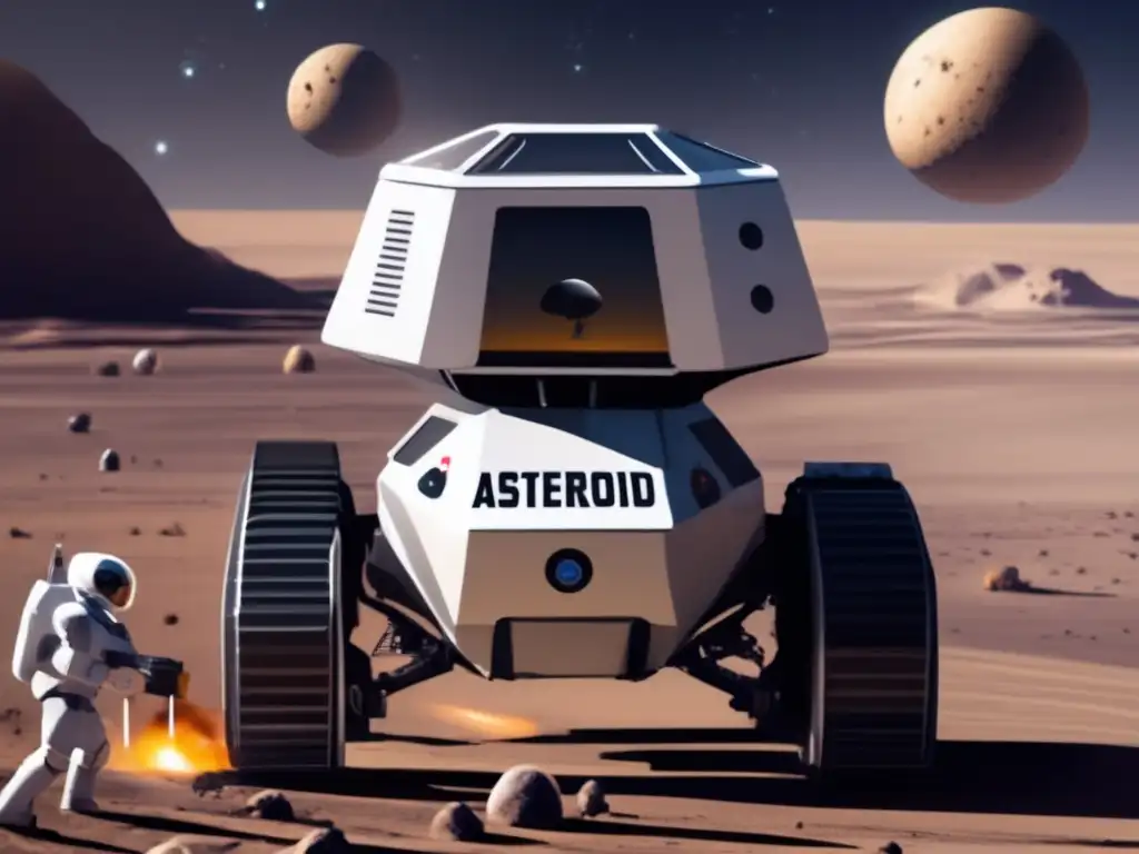 A photorealistic image captures a remote-controlled robot rolling on a rough desert terrain, carrying a shielded container labeled 'Asteroid Defense'