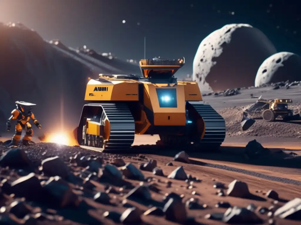 A stunning photorealistic depiction of a fleet of advanced robotic mining machines diligently working on an asteroid