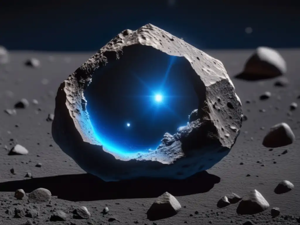 A photorealistic depiction of a massive rocky asteroid with a glowing blue center against a deep black space background