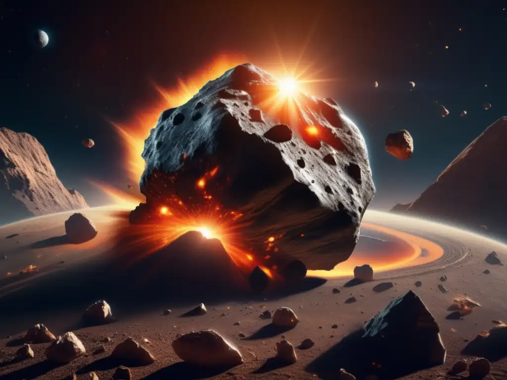 A breathtaking image of a massive asteroid orbiting in space, its jagged edges and textured surface creating a mesmerizing display of gravity's power