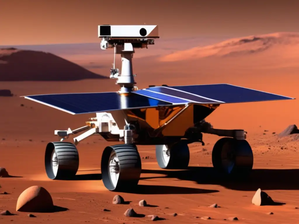 A stunning, photorealistic image of the 1999 RQ36 rover exploring Mars' terrain