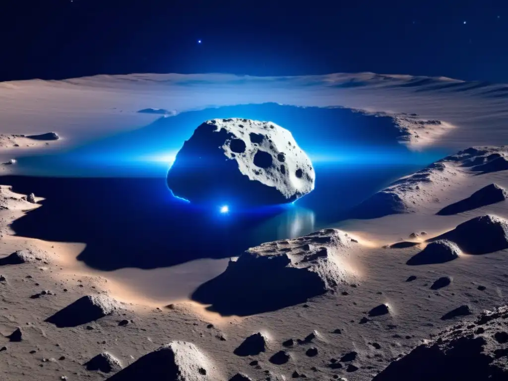 A breathtaking photograph showcases an asteroid's mysterious deep blue glow emanating from within its rocky surface