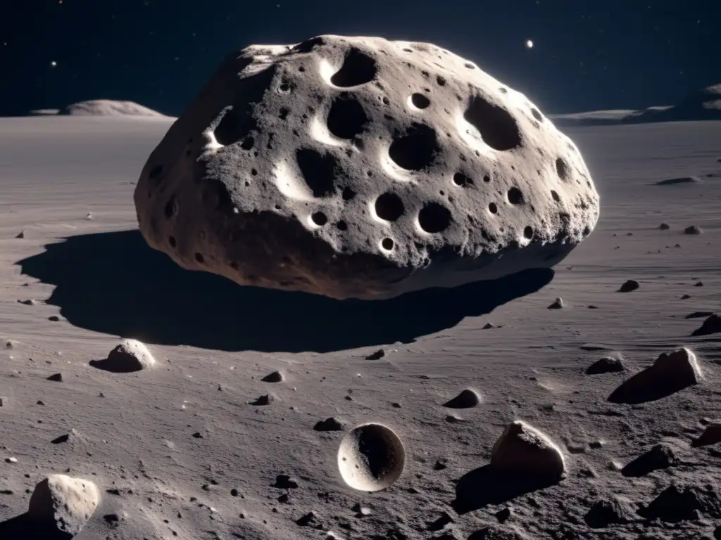 A mesmerizing photorealistic image of a rocky asteroid with intricate crevices and craters against a backdrop of deep space