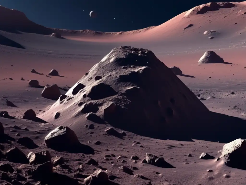 An awe-inspiring view of an asteroid's rugged surface, cratered and jagged, with dust and debris covering its red-hued iron oxide exterior