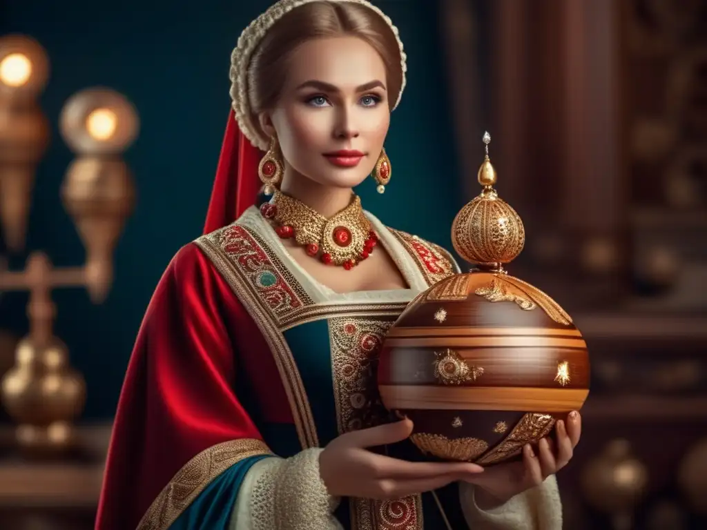 A Russian woman cradles an intricately carved wooden trinket representing an asteroid in a grand panoramic view