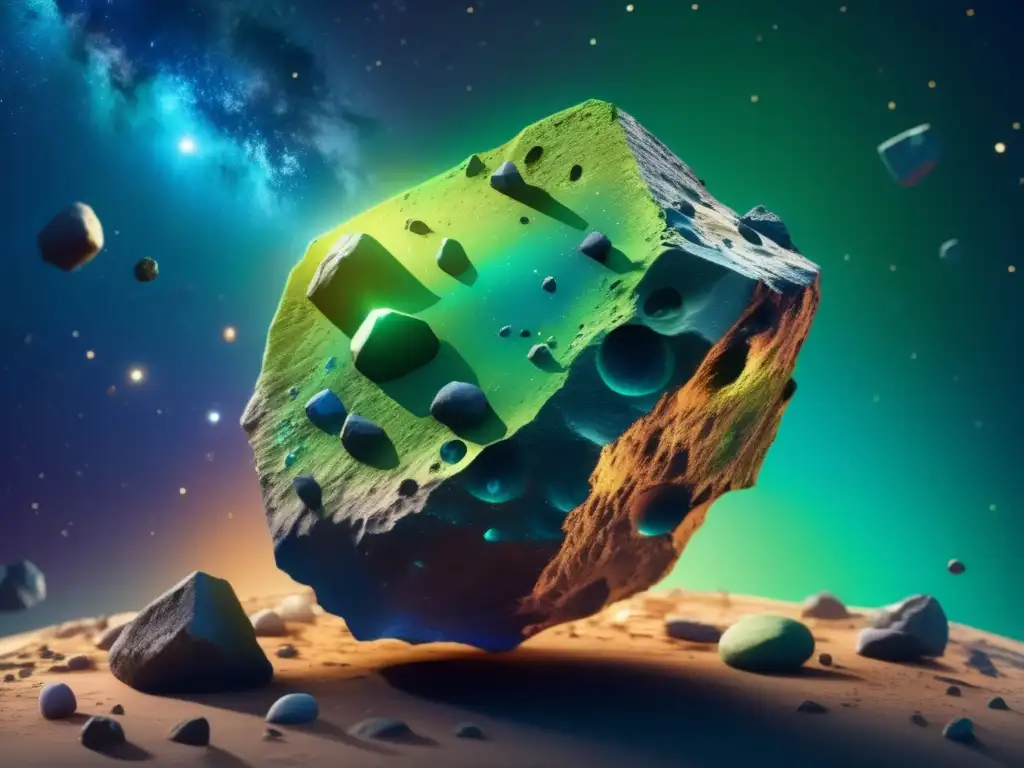 Classic asteroid - A photorealistic image of a rocky asteroid covered in glowing green and blue minerals, set against a colorful cosmic backdrop