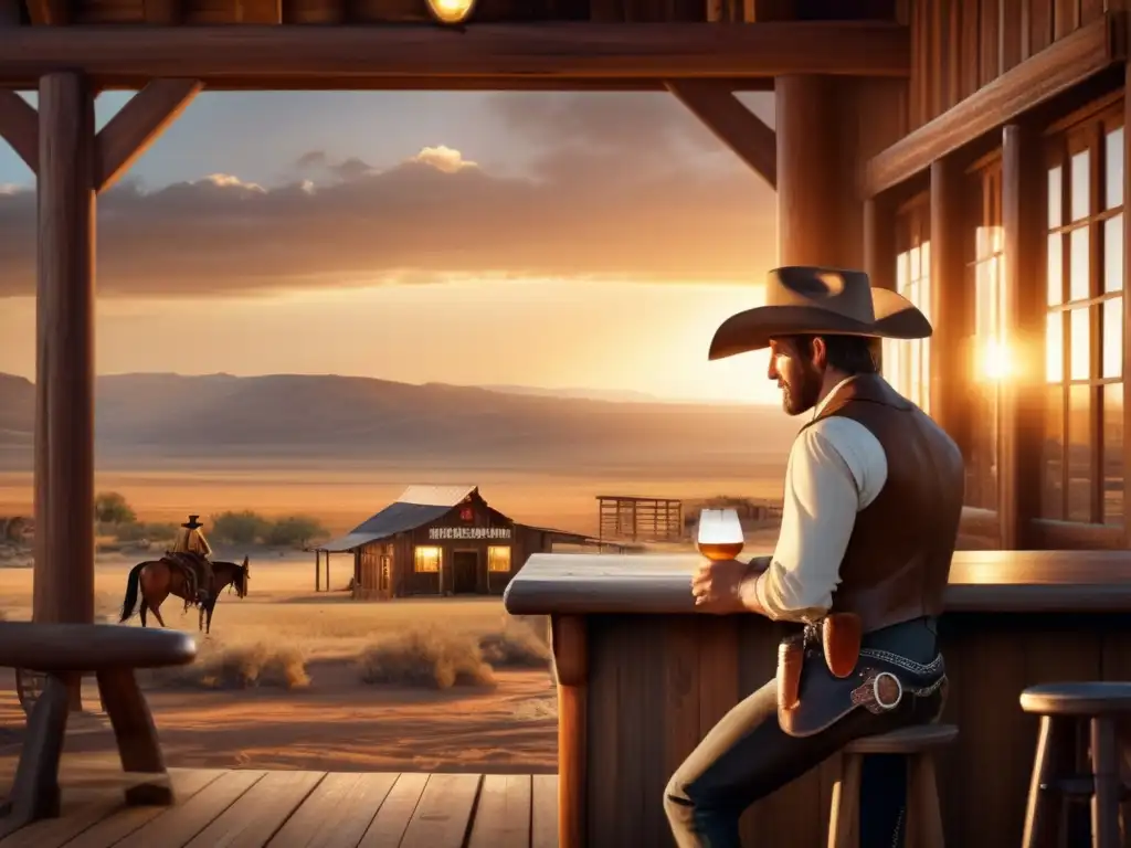 A photorealistic image of a Western-style saloon, where a cowboy sits at the bar sipping whiskey while gazing out at the desolate landscape