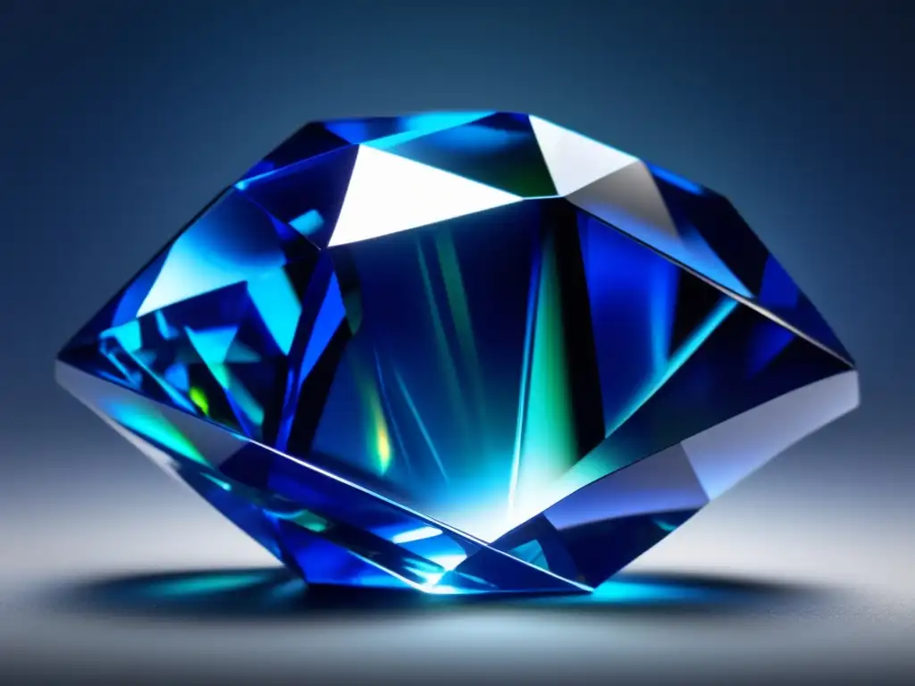 A captivating photorealistic image of a flawless sapphire crystal illuminated, highlighting its unique shape and iridescent blues and greens