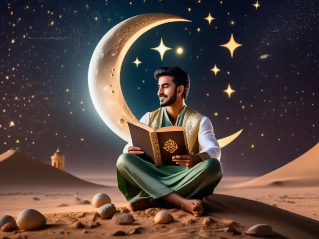 A stunning 8k image of a young, handsome man in Saudi Arabian attire, holding a book about prophets and Islamic beliefs, sits atop a detailed crescent moon, gazing towards a vibrant asteroid in the background