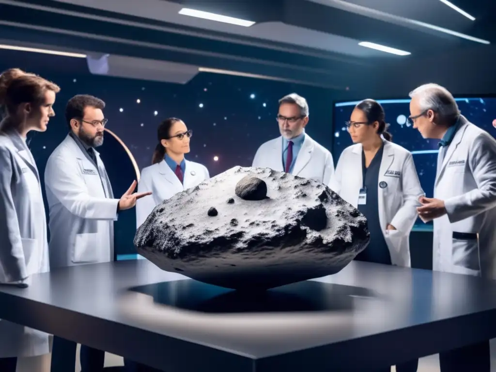 The scene captures a team of scientists in introspection as they reveal a levitating asteroid model in a cosmic lab