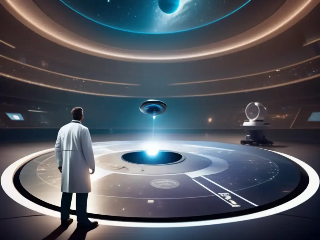 Scientist standing in a vast, empty room, with a magnifying glass and awaiting discovery spacecraft nearby