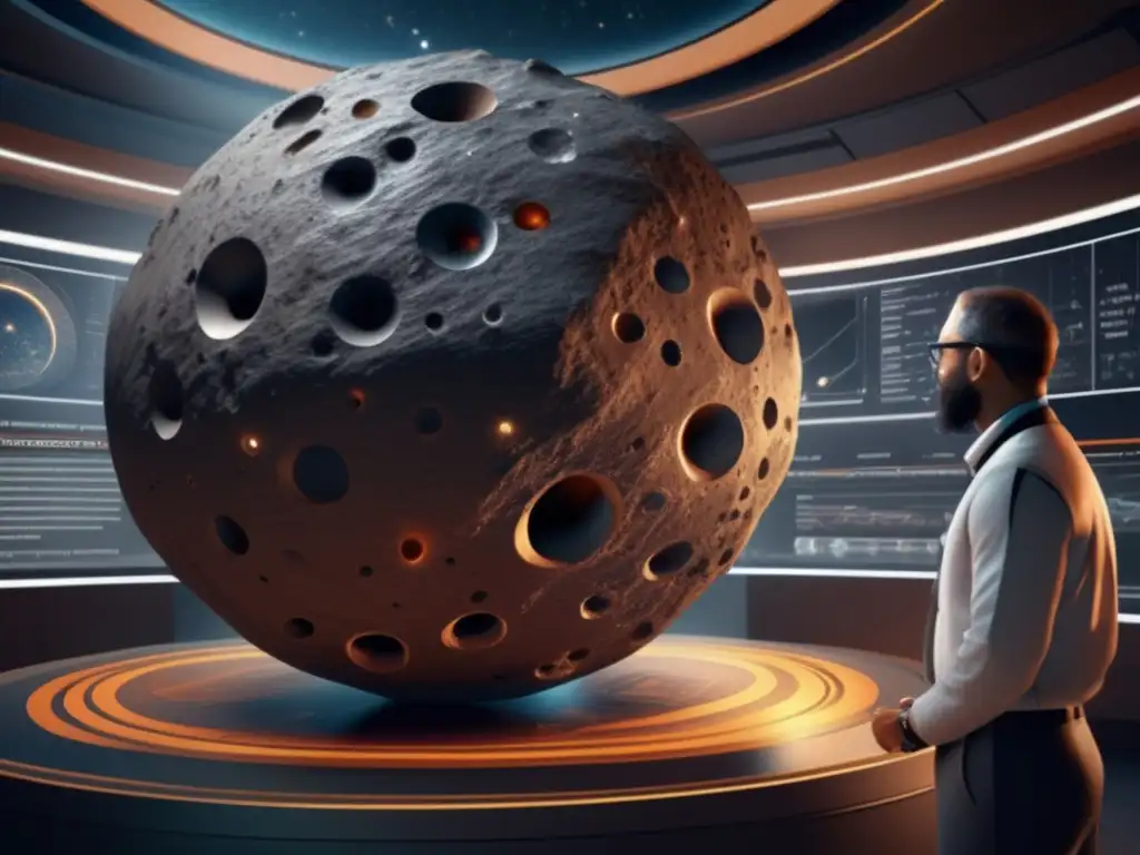 A photorealistic image of a dedicated scientist examining a massive asteroid in a lab, with Chariklo in the center, surrounded by intricate and beautiful rings on a curved surface