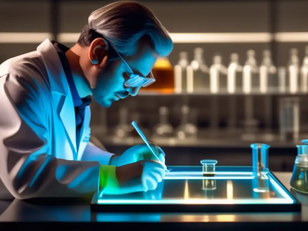 A photorealistic image captures a scientist in a dimly lit laboratory, examining a fascinating minuteite on a clear glass plate