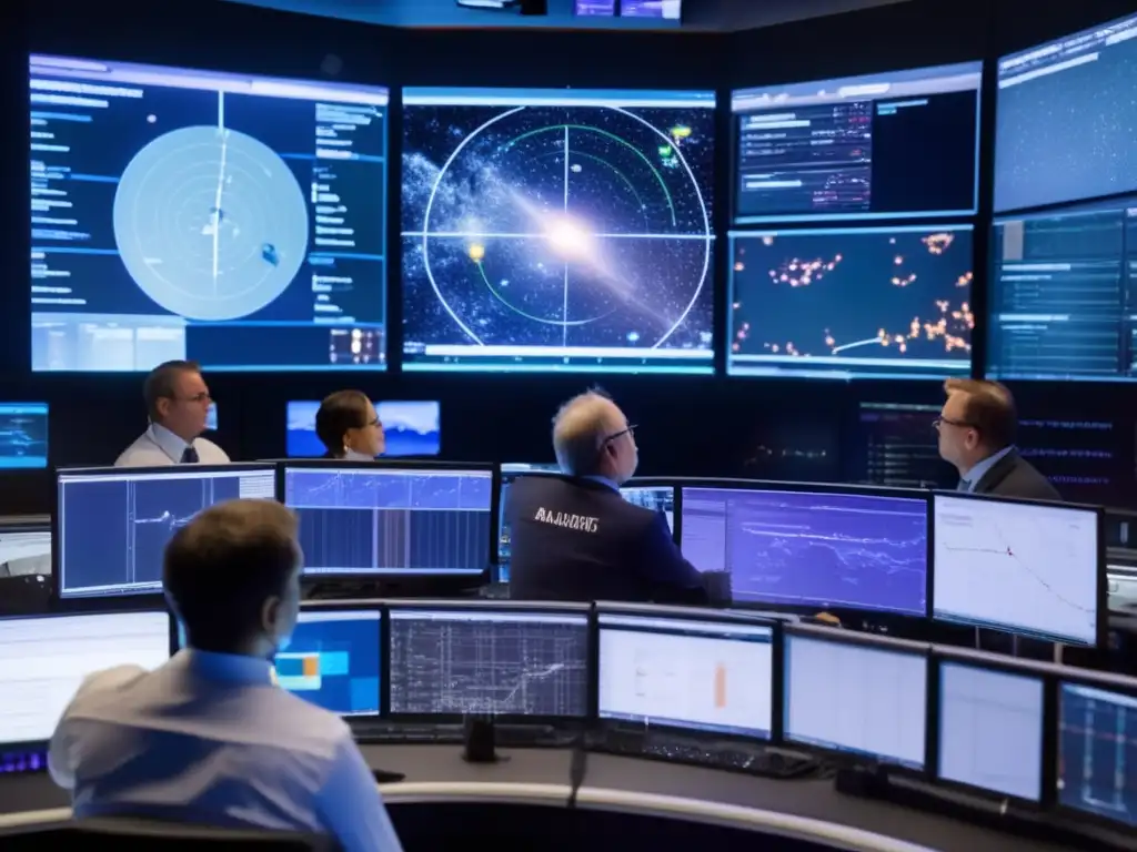 A tense team of scientists stands in a dimly lit control room, on high alert as they analyze an incoming asteroid's threat