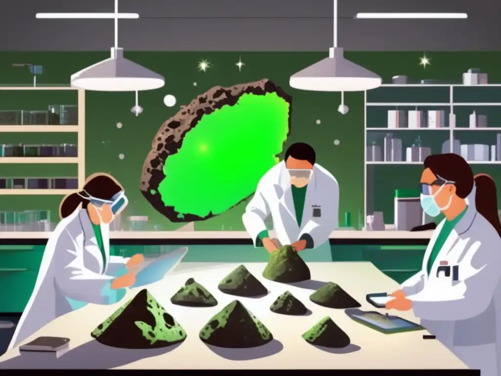 Dash: A team of dedicated scientists in green lab coats and goggles examine a large meteorite on a sterile white lab table