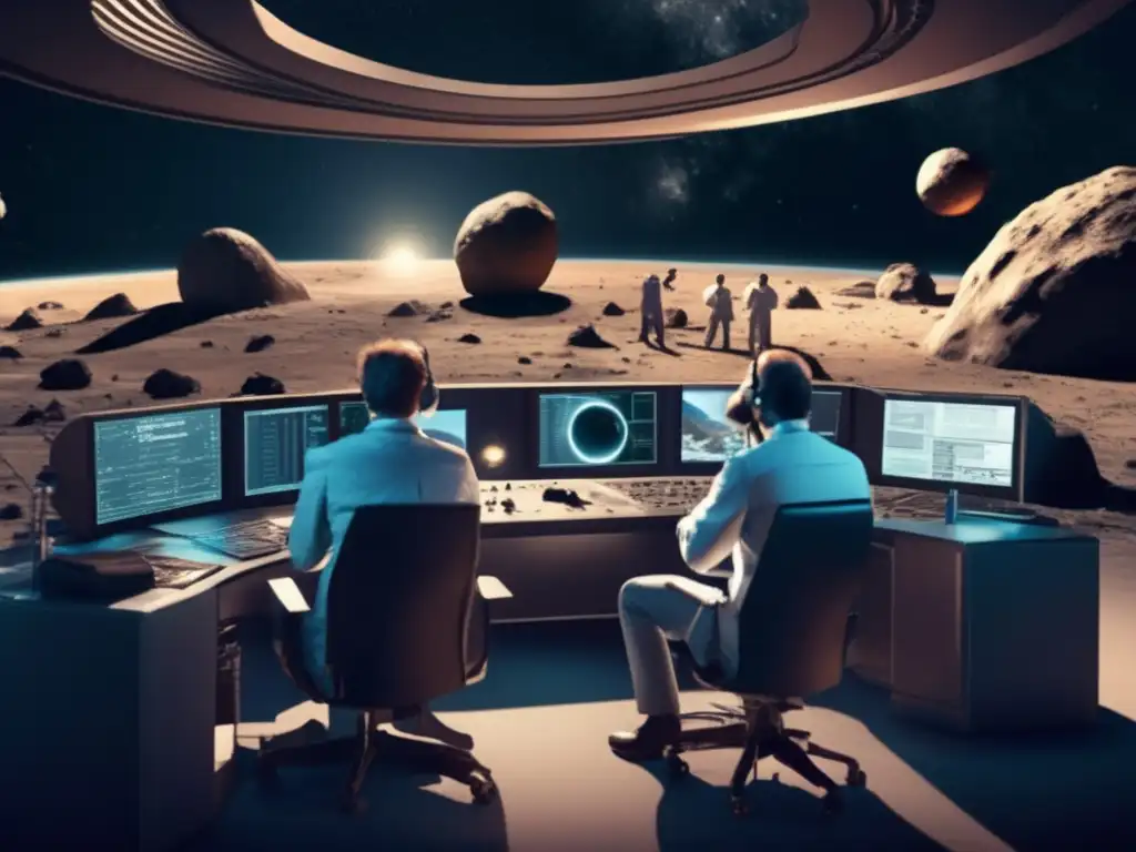 A group of intently focused scientists in a control room meticulously analyze the trajectory of the asteroid Telephus, with cutting-edge technology and equipment at their fingertips