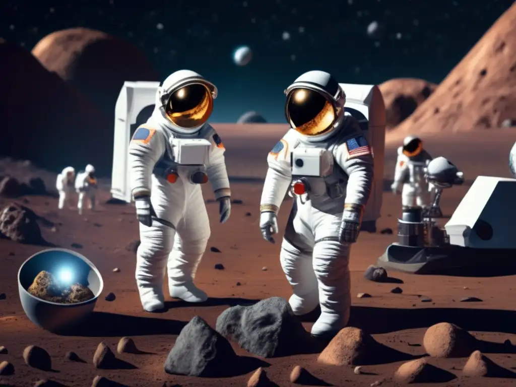 A stunning photorealistic image captures a team of scientists in astronaut suits, tolling among various space technology and scientific equipment, intently scrutinizing an asteroid's surface for clues