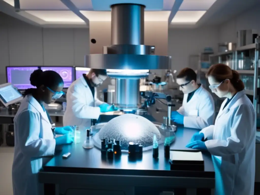 A team of dedicated scientists in a safe, sterile lab meticulously inspect a massive asteroid