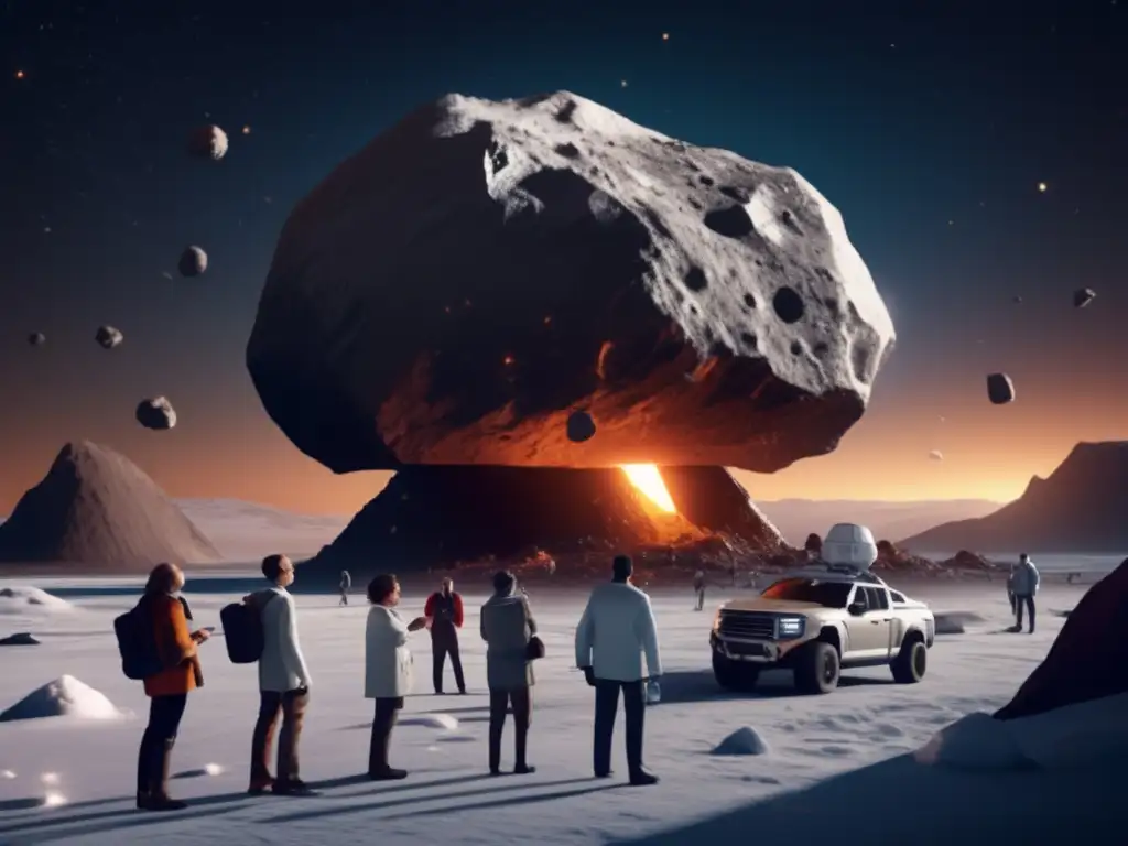 The photorealistic image captures the daunting task ahead of a group of scientists as they stand in front of a massive central asteroid