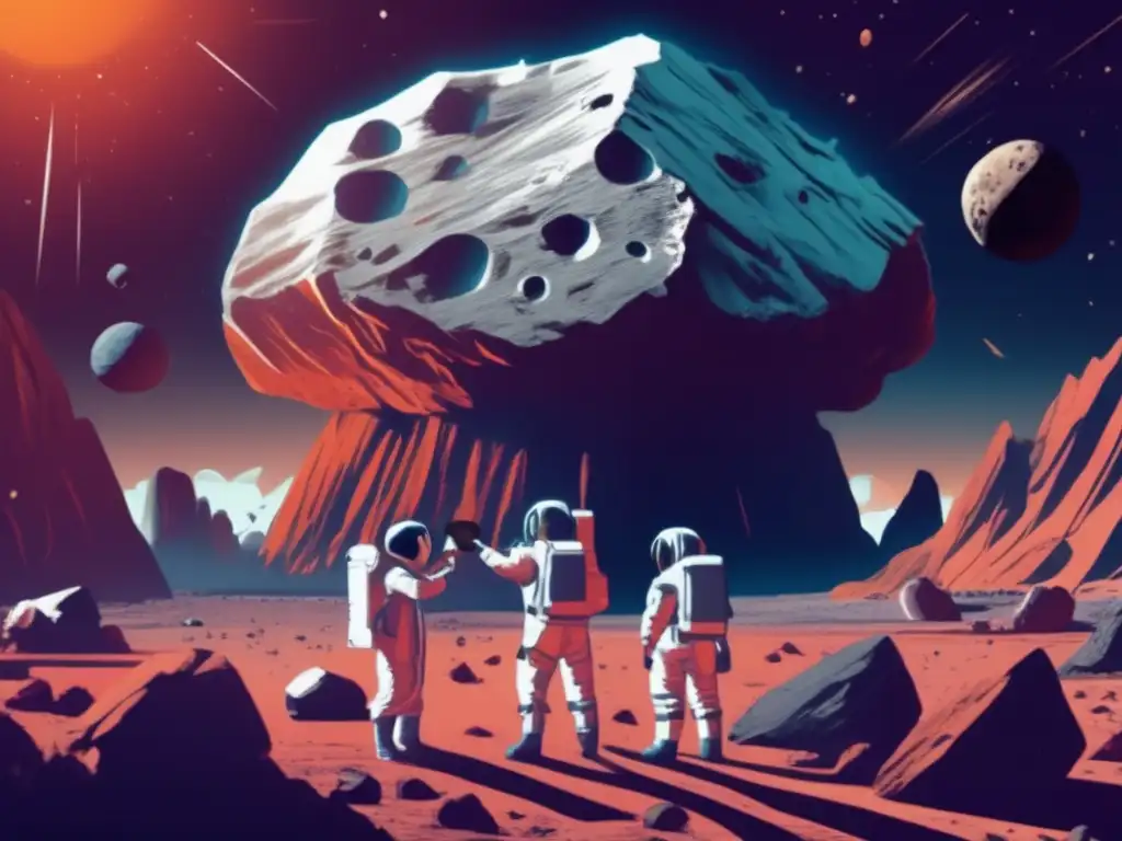 A team of scientists and astronauts stand in awe of a massive asteroid, with one pointing towards its jagged surface and gesturing to her team behind