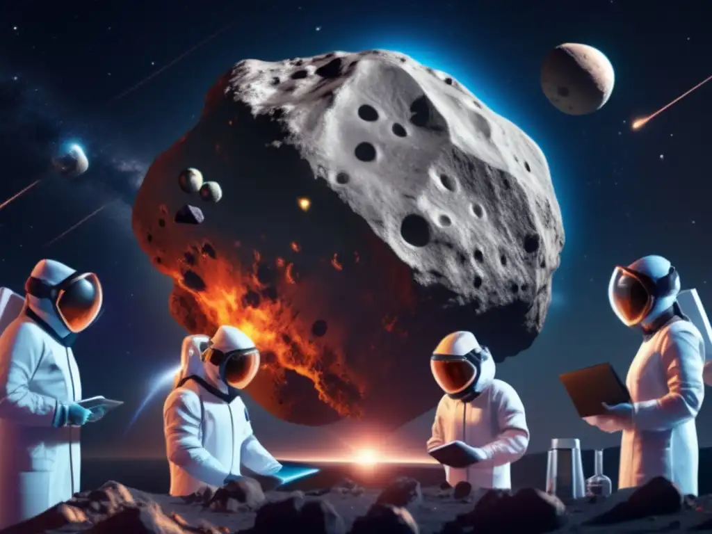 A group of scientists collaborate in protective gear, analyzing data on an ominous asteroid visible in the background, as it orbits in space